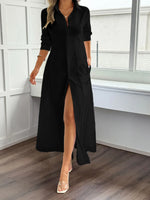 Slit Long Sleeve Maxi Shirt Dress - Ladyez