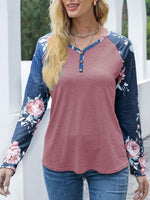 V-Neck Floral Long Sleeve T-Shirt - Ladyez