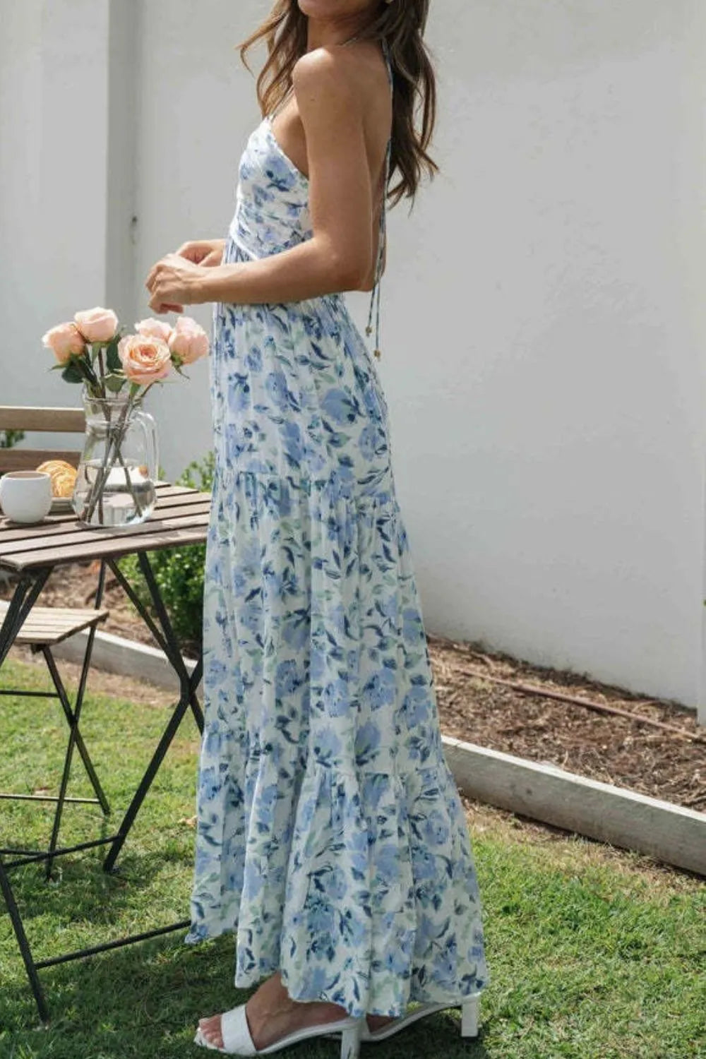 Floral Halter Neck Tiered Maxi Dress - Ladyez