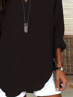 Notched Long Sleeve Casual Blouse - Ladyez
