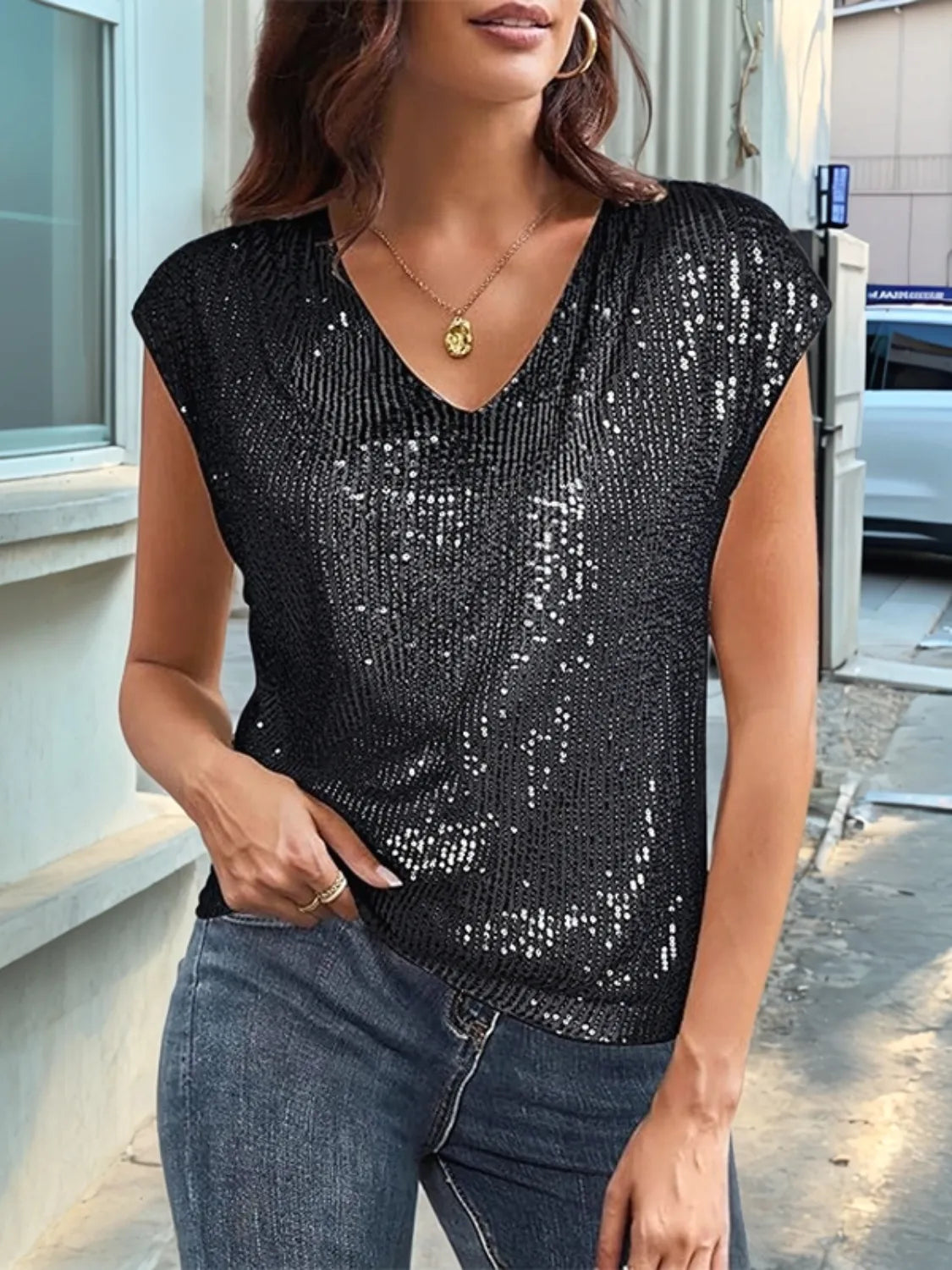 V-Neck Sequin Cap Sleeve Top - Ladyez