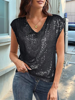 V-Neck Sequin Cap Sleeve Top - Ladyez