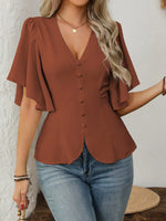 V-Neck Flutter Sleeve Blouse