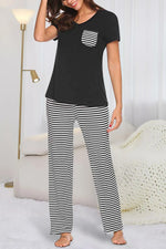 Pocketed Short Sleeve Top and Striped Pants Lounge Set - Ladyez