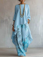 Asymmetrical Hem Top and Floral Pants Set