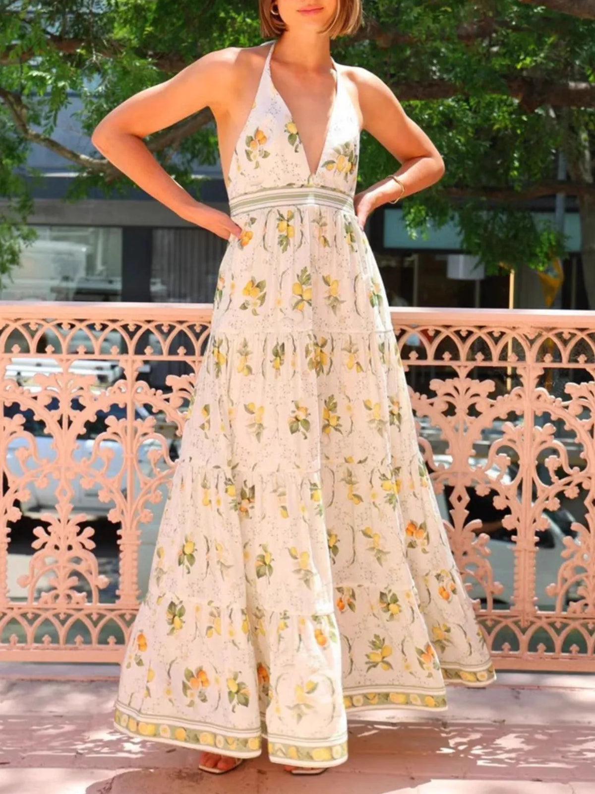 Printed Halter Neck Maxi Cami Dress - Ladyez