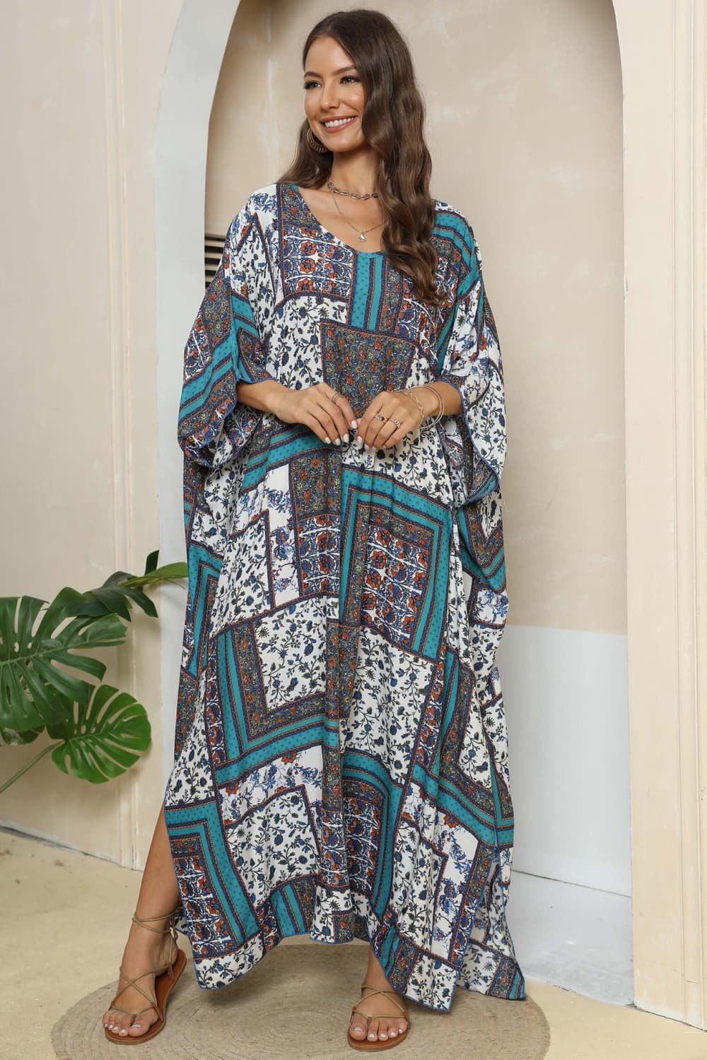 Printed V-Neck Split Maxi Dress - Ladyez