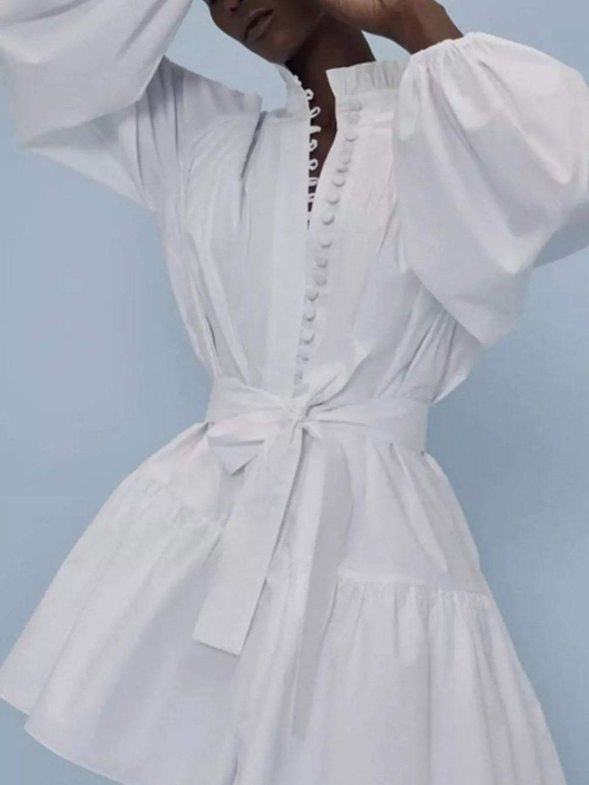 Button-Up Balloon Sleeve Mini Dress