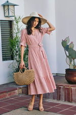 SO ME Stripe Textured Short Sleeves Lined Wrap Midi Dres