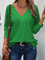 Eyelet V-Neck Long Sleeve Blouse