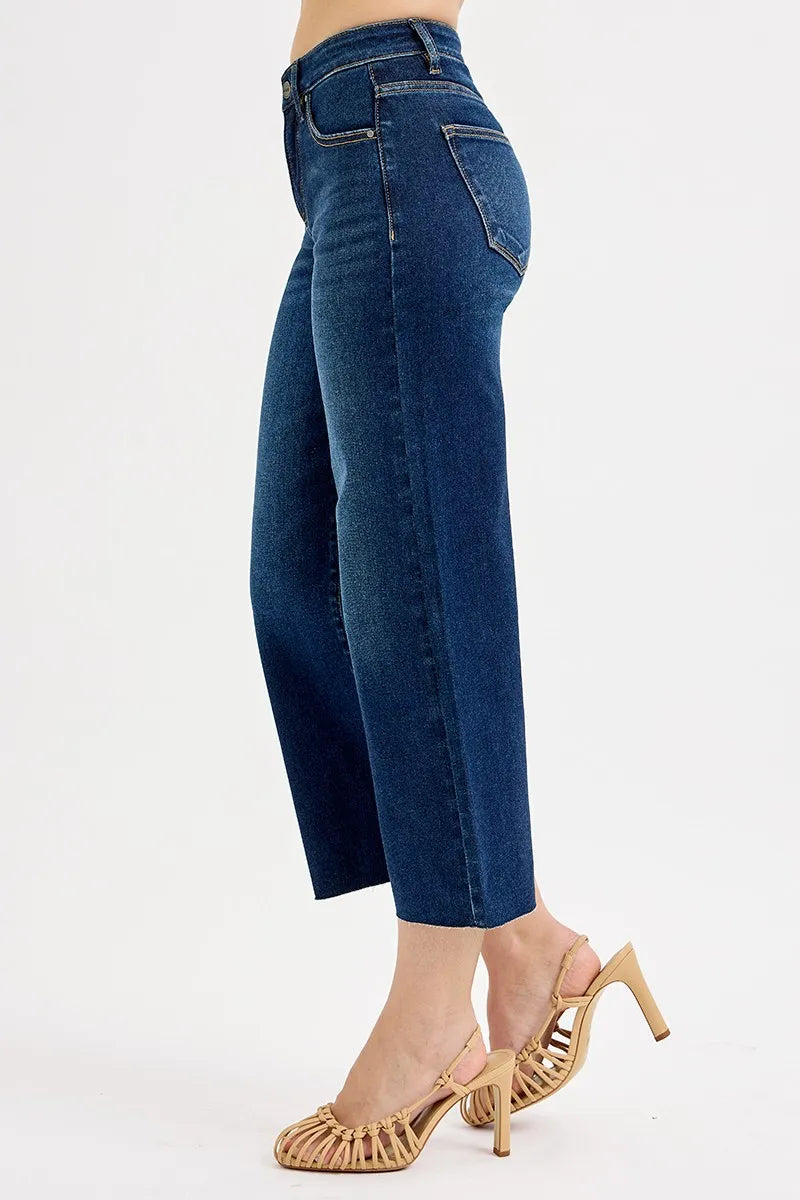 RISEN Full Size Tummy Control High Rise Crop Wide Jeans Plus Size - Ladyez