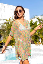 Angel Wings Slit Openwork V-Neck Short Sleeve Cover Up - Ladyez