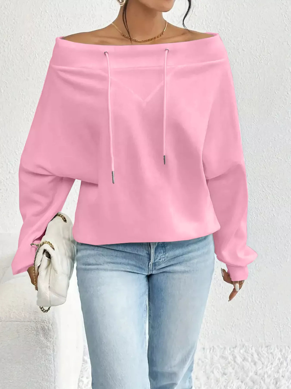 Full Size Off-Shoulder Drawstring Long Sleeve Top Plus Size