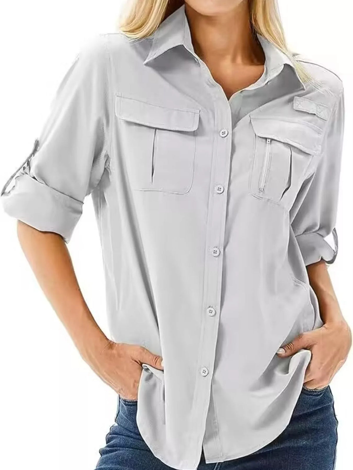 Full Size Roll-Up Sleeve Button Up Shirt Plus Size