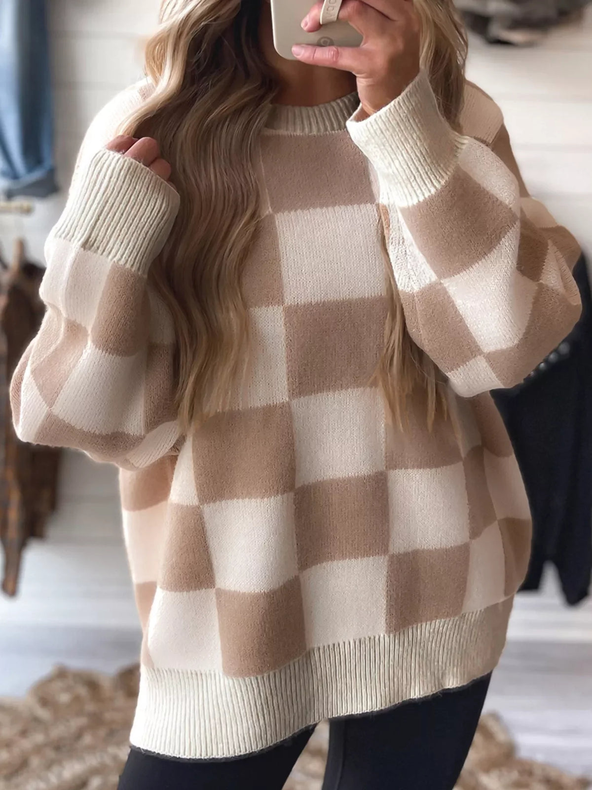Checkered Pattern Ribbed Trim Knit Baggy Sweater