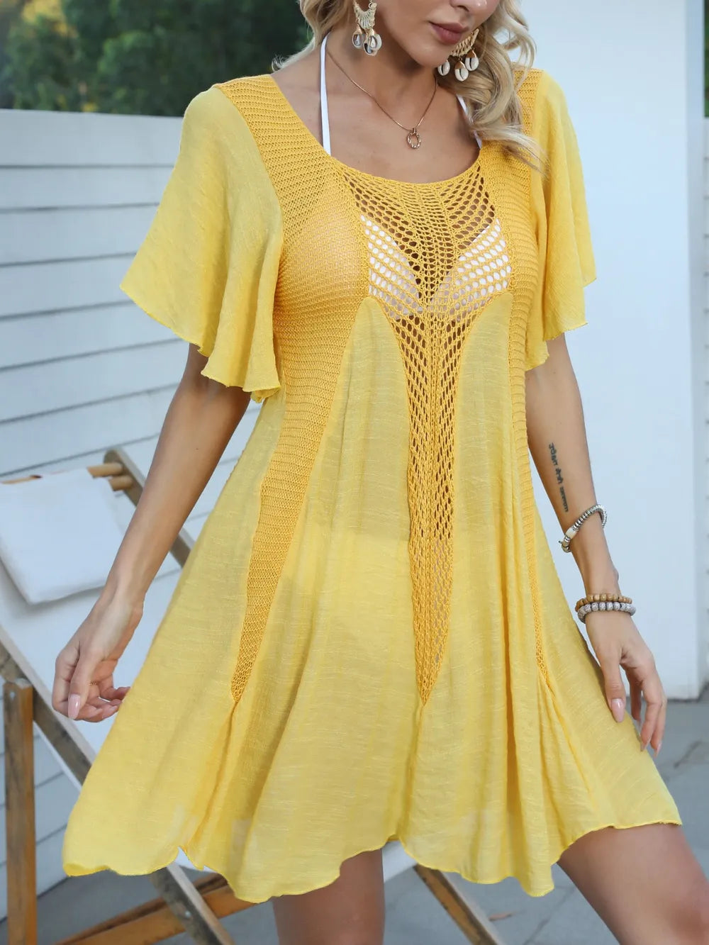 Openwork Flutter Sleeve Cover-Up Dress - Ladyez