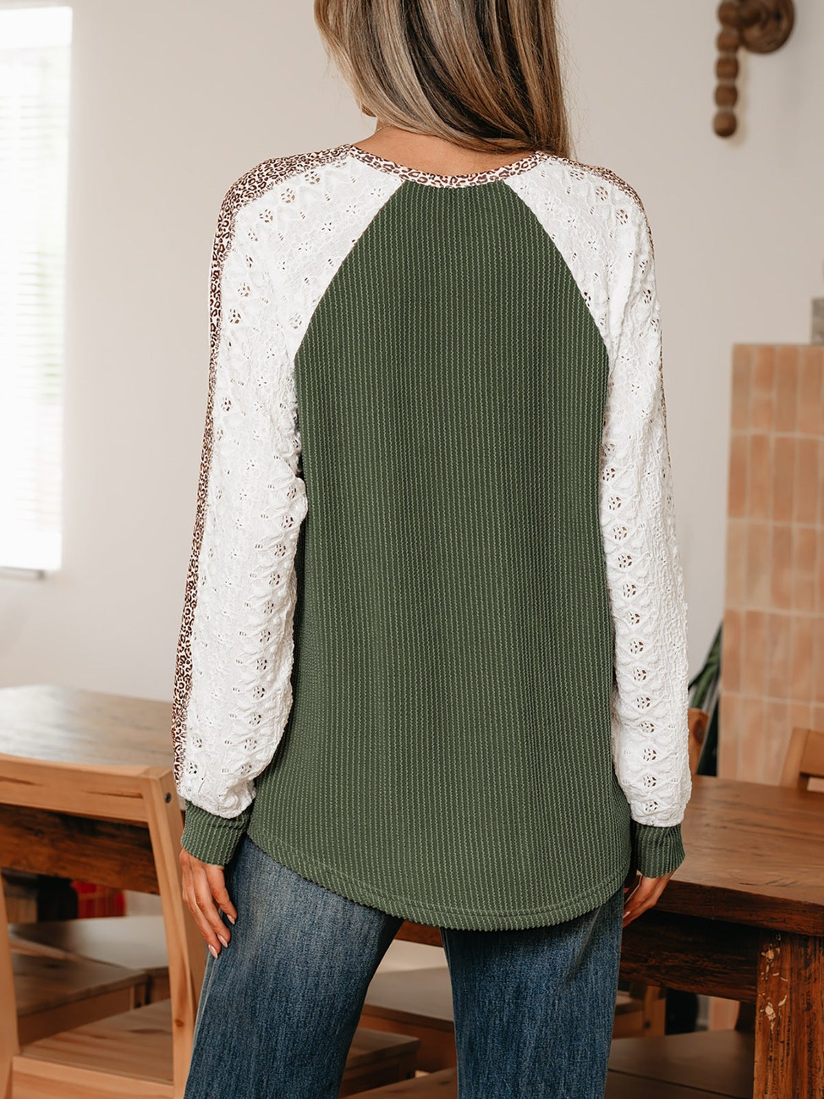 Leopard Trim Raglan Sleeve Top