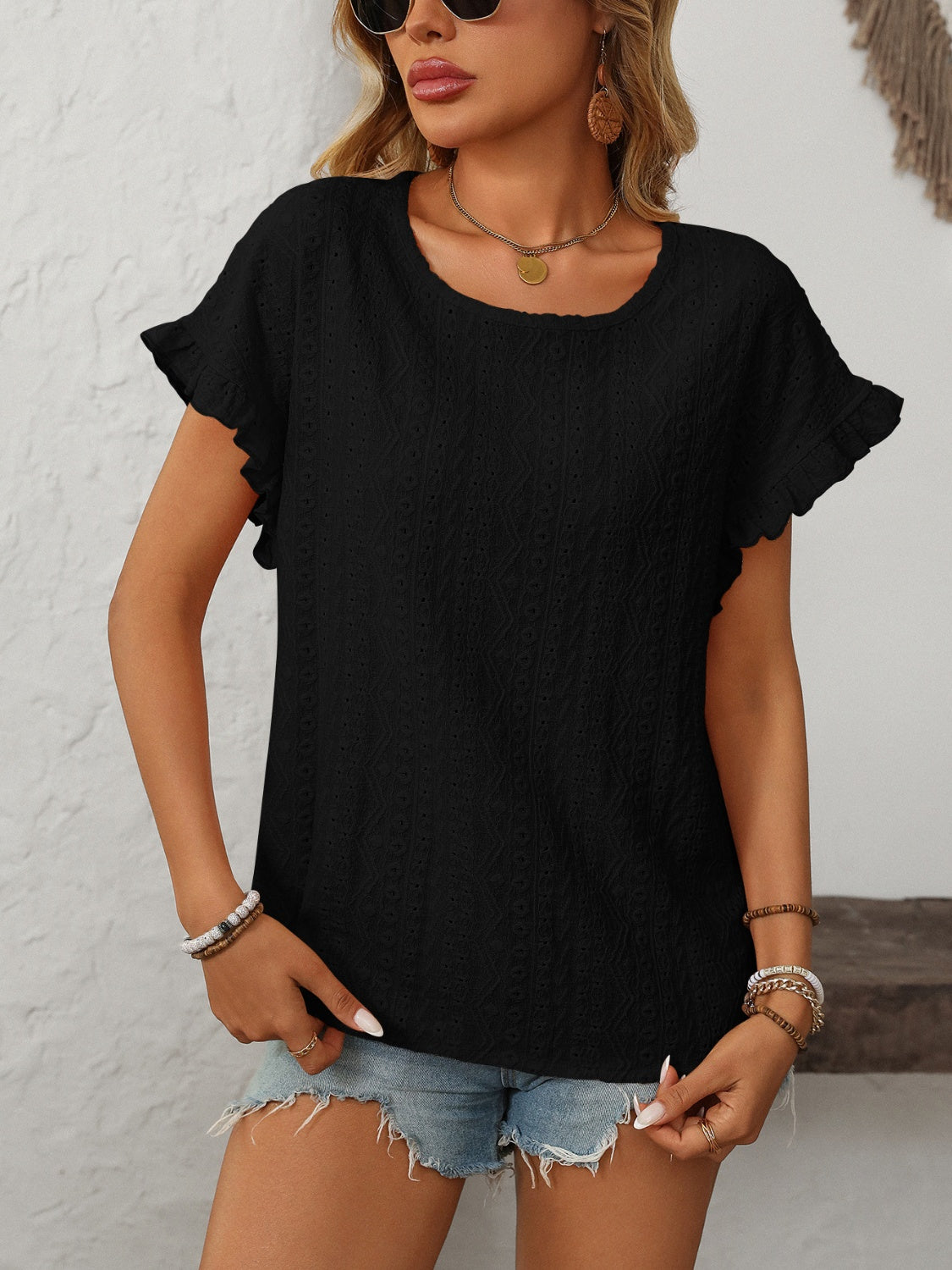Mandy Eyelet Round Neck Short Sleeve Top - Ladyez
