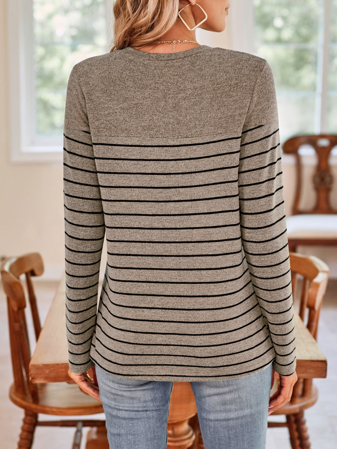 Lovelet Quarter Button Striped Round Neck Long Sleeve T-Shirt - Ladyez