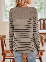 Lovelet Quarter Button Striped Round Neck Long Sleeve T-Shirt - Ladyez