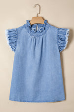Frilled Collar Flutter Sleeve Denim Top