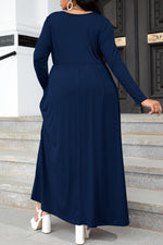 Plus Size Round Neck Long Sleeve Maxi Dress with Pockets - Ladyez