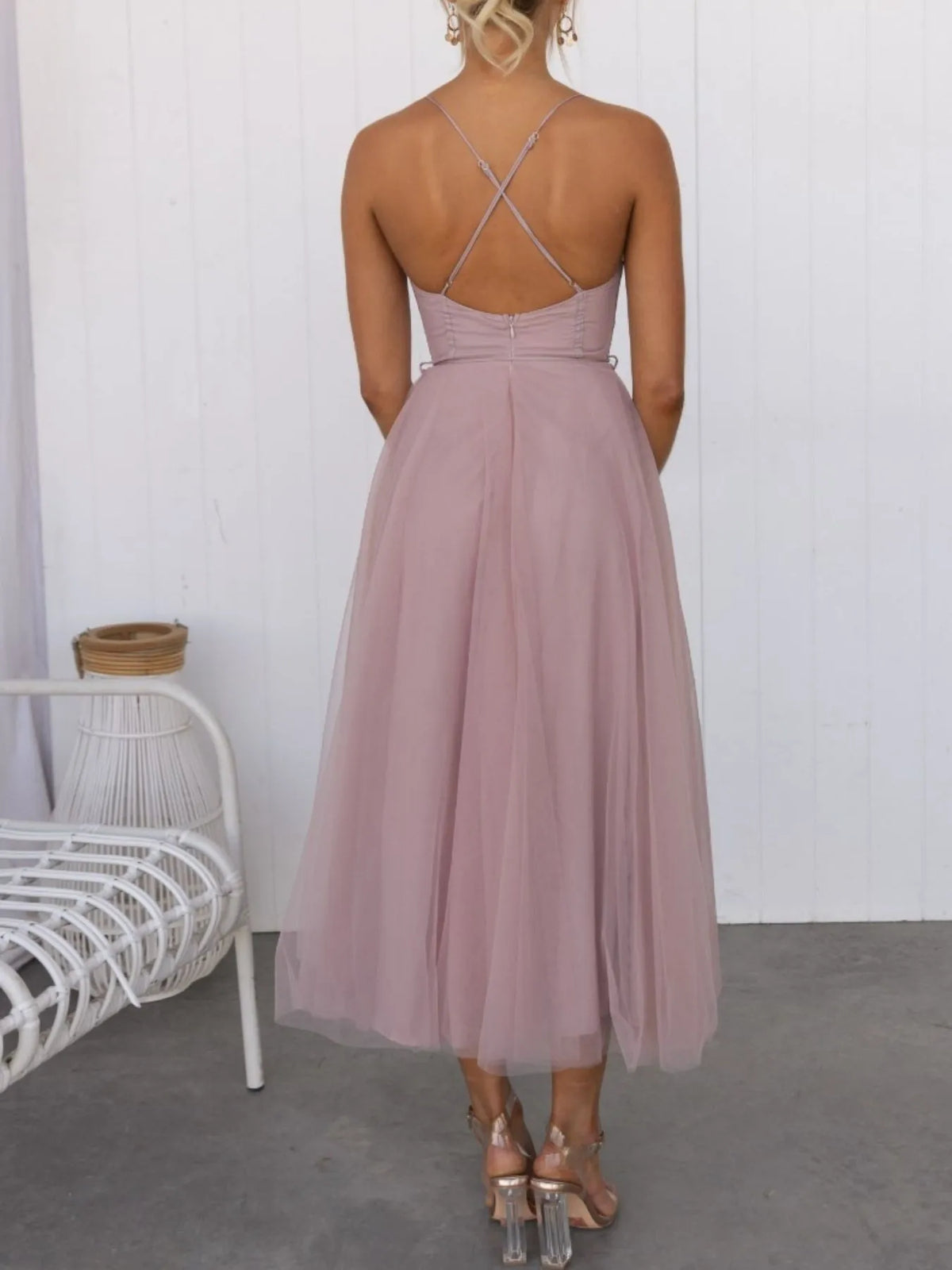 Sweetheart Neck Tulle Midi Dress - Ladyez