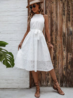 Eyelet Grecian Neck Tie Waist Midi Dress - Ladyez