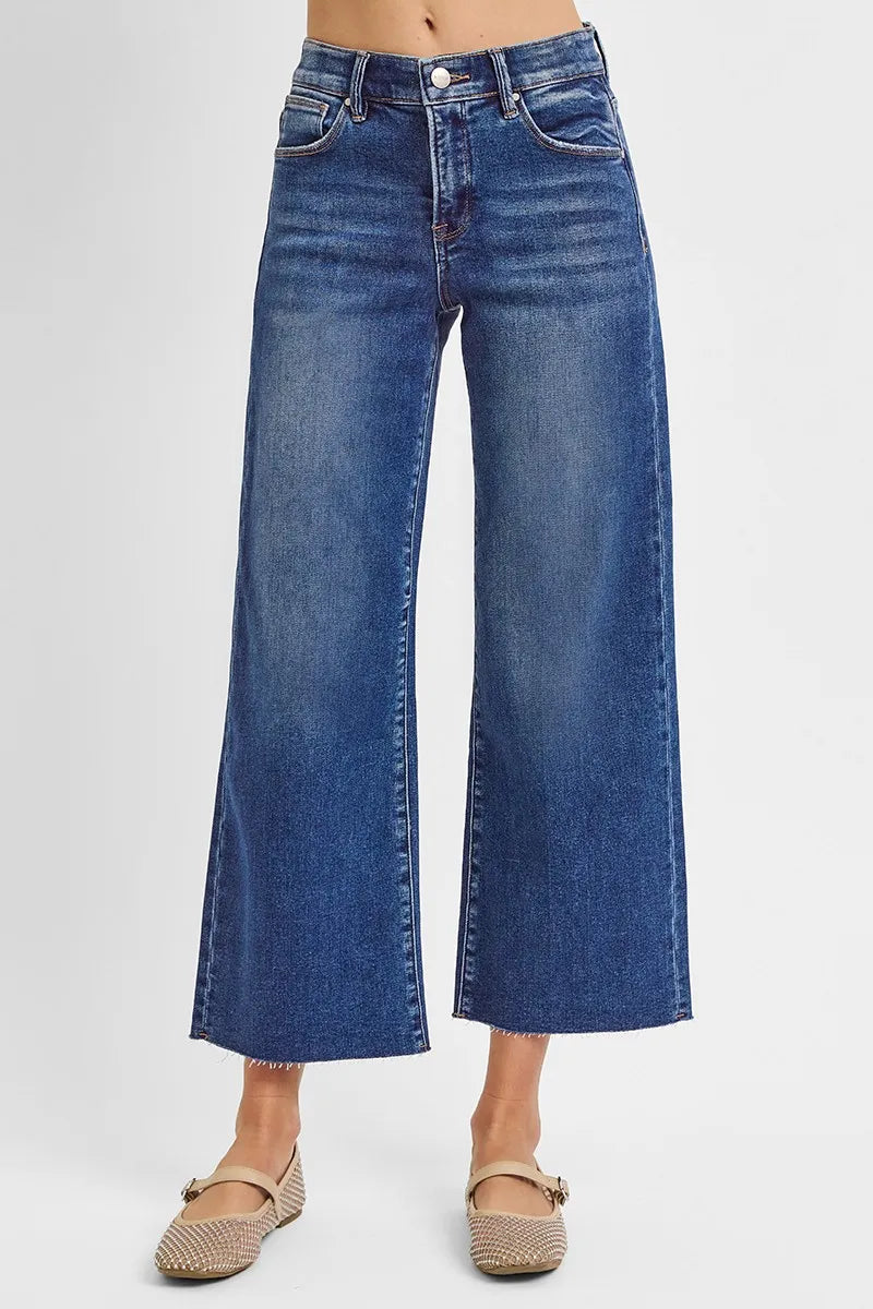 RISEN Raw Hem Wide Leg Cropped Jeans - Ladyez
