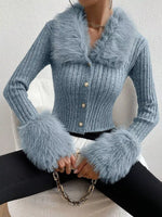Faux Fur Trim Ribbed Knit Cropped Cardigan