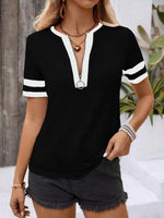 Striped Short Sleeve Half Zip Top - Ladyez
