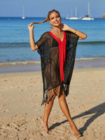 Angel Wings Contrast Fringe Trim Openwork Cover-Up Dress - Ladyez