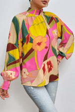 Floral Smocked Lantern Sleeve Mock Neck Blouse - Ladyez