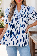 Abstract Animal Print Striped Ruffle Trim V Neck Blouse