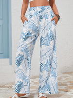Tropical Print Shirred Waistband Wide Leg Pants