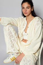 POL Exposed Seam Button Down Hooded Jacket with Lace Detail