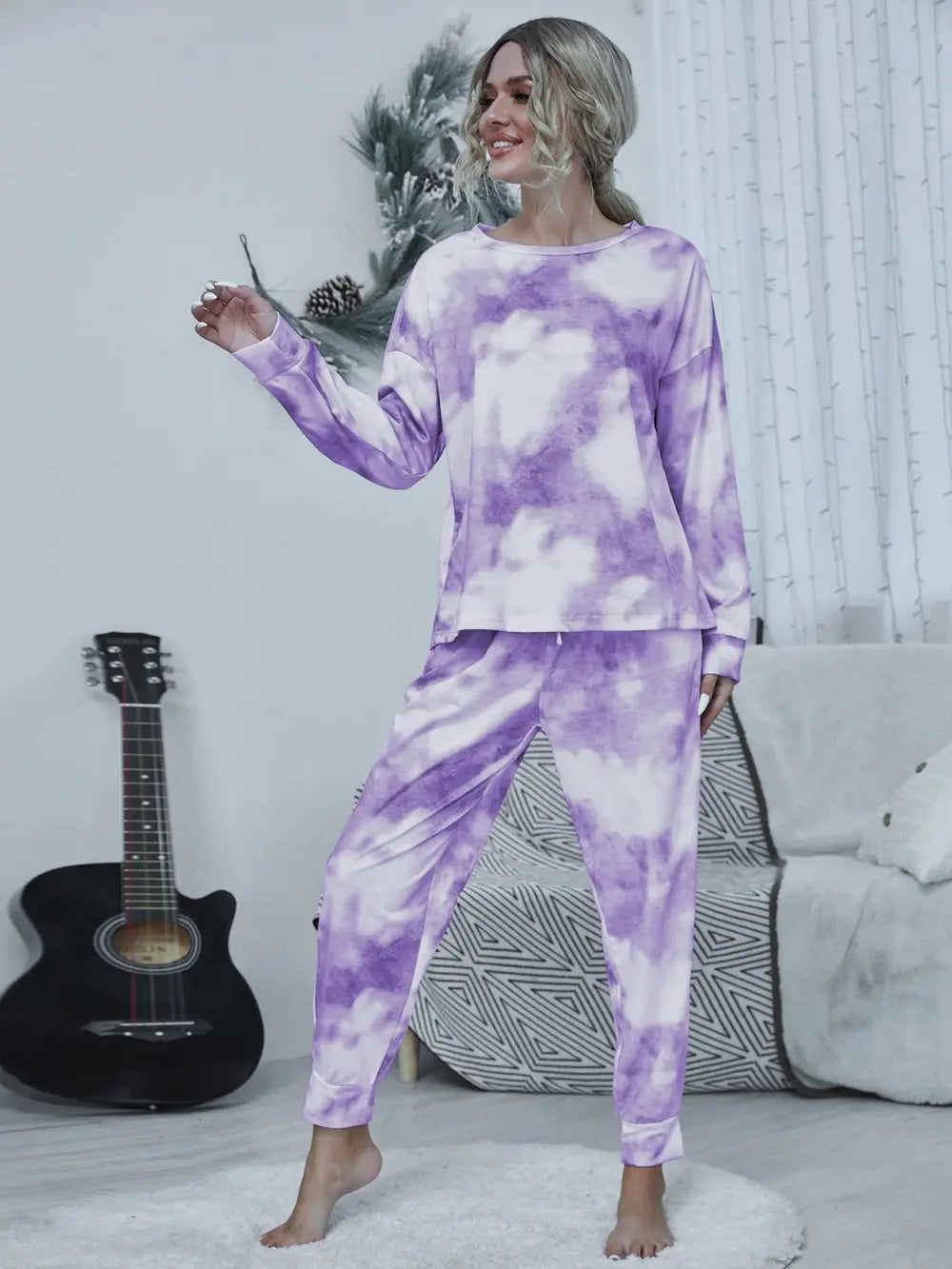 Shiny Tie-dye Round Neck Top and Drawstring Pants Lounge Set - Ladyez