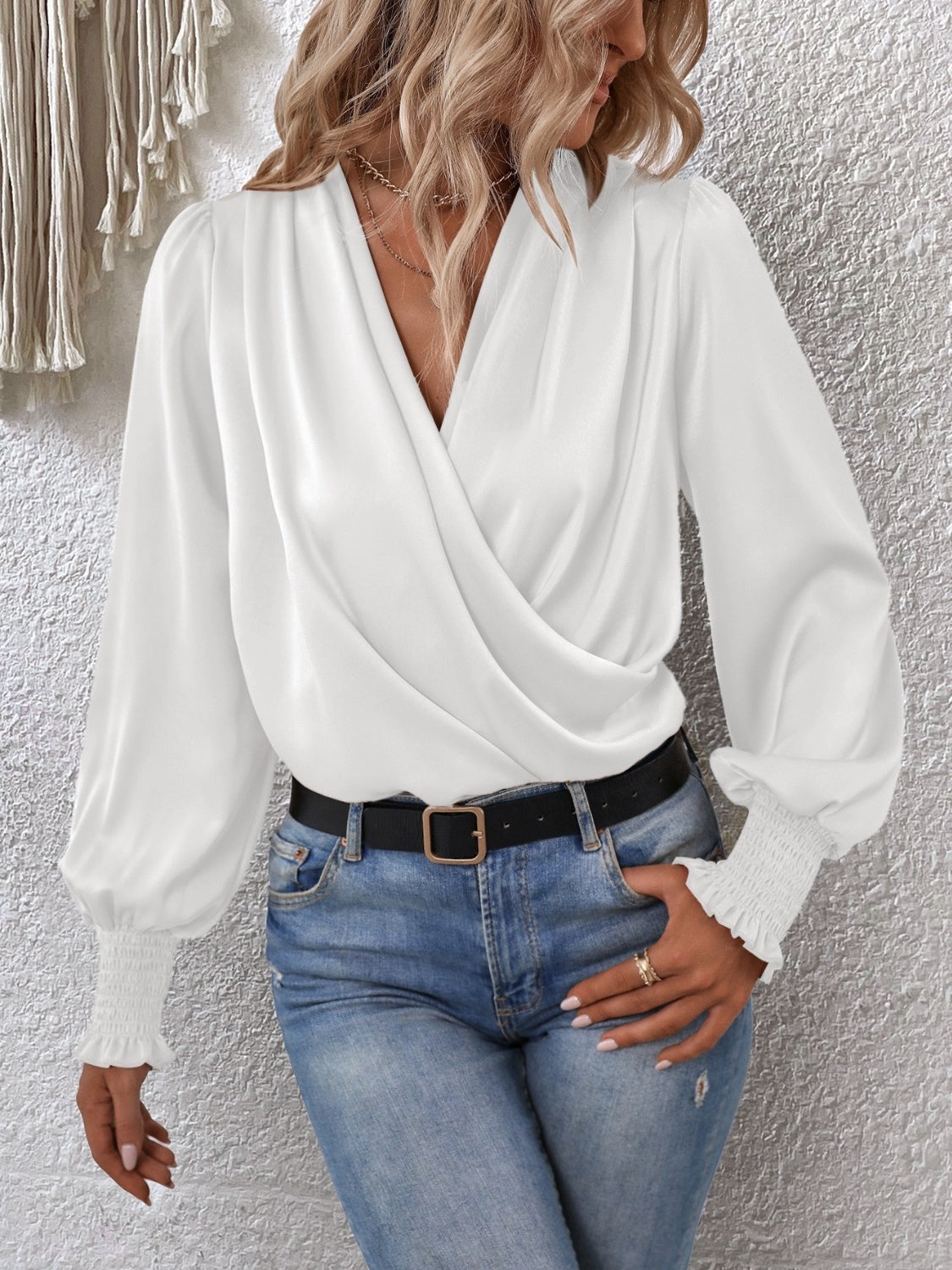 Surplice Smocked Lantern Sleeve Blouse - Ladyez