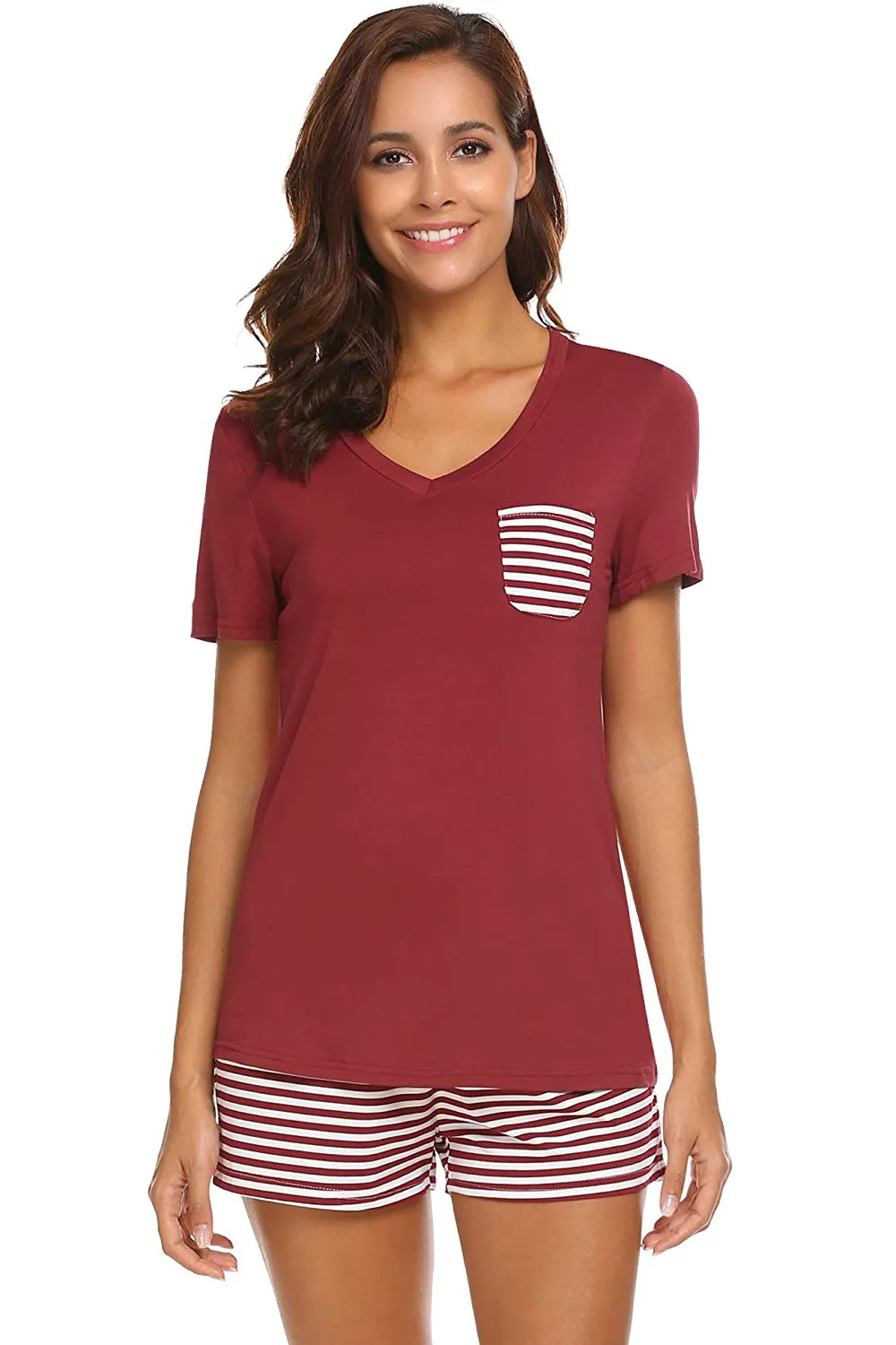 Striped Short Sleeve Top and Shorts Lounge Set - Ladyez