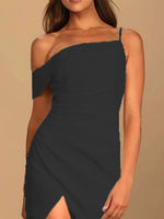 Split Asymmetrical Neck Midi Dress - Ladyez