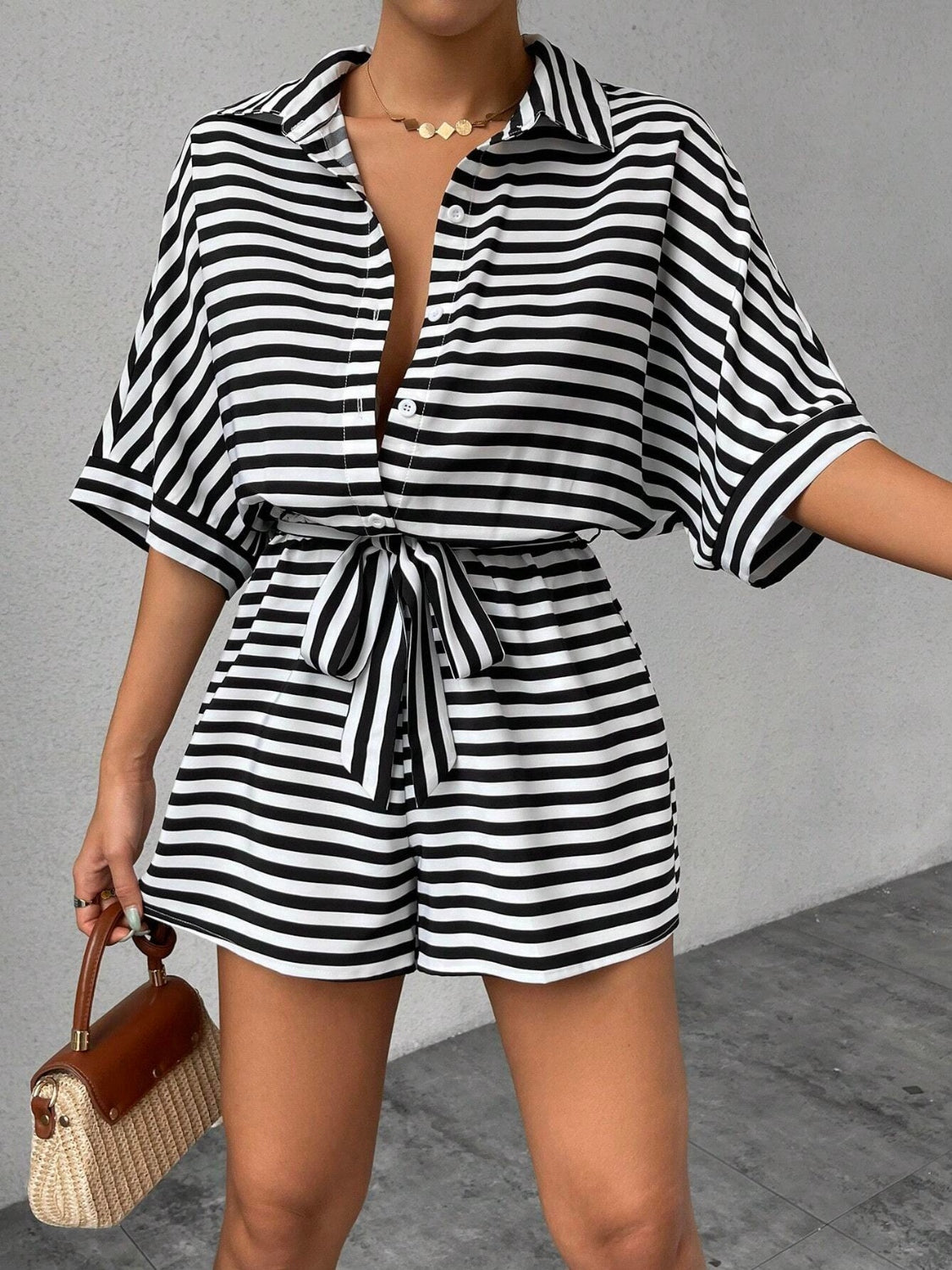 Tie Waist Half Button Striped Romper - Ladyez
