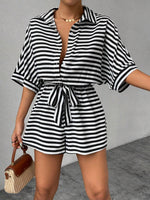 Tie Waist Half Button Striped Romper - Ladyez