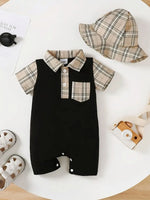 Children's Hat and Plaid Short Sleeve One-Piece Romper