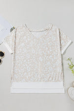 Leopard Print V Neck Side Slit Loose Fit T Shirt