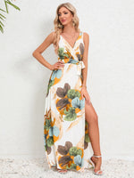 Slit Tied Printed Surplice Dress - Ladyez