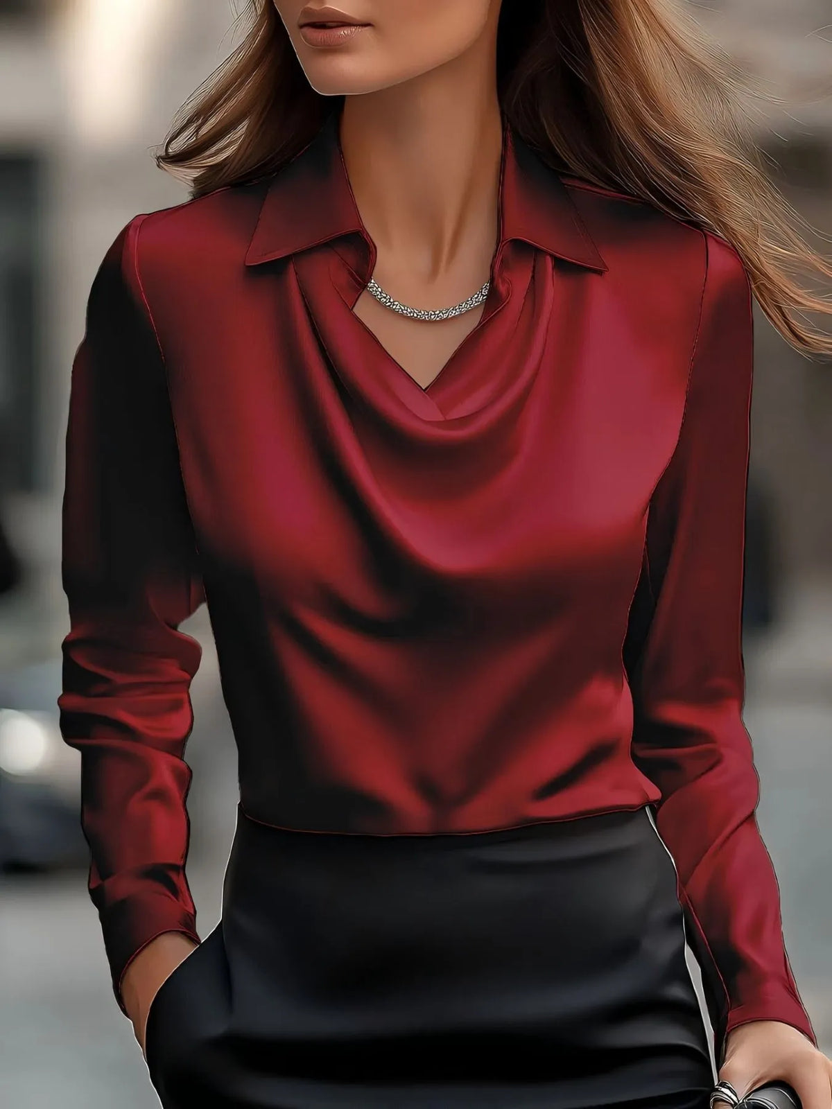 Full Size Long Sleeve Blouse with Collar Plus Size - Ladyez