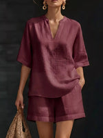 Full Size Notched Half Sleeve Top and Shorts Set Plus Size