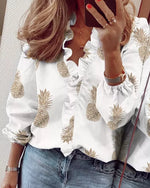Full Size Printed V-Neck Blouse with Ruffled Plus Size