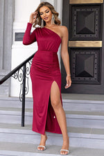 One Shoulder Ruched Slit Maxi Dress - Ladyez