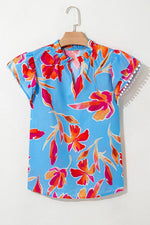 Floral Print Notched Pompom Trim Flutter Sleeve Blouse